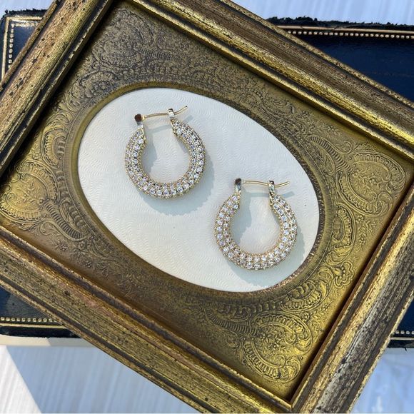 18K GOLD PLATED MICRO PAVÉ CZ ENCRUSTED HOOP LOOP EARRINGS SPARKLY SPARKLE NWT - Picture 8 of 16